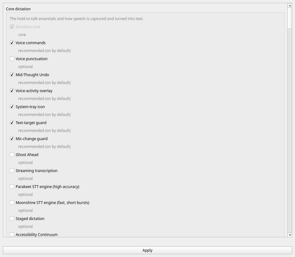 The YazSes Settings window, showing the Core dictation group with each capability as a checkbox and its recommendation tier underneath