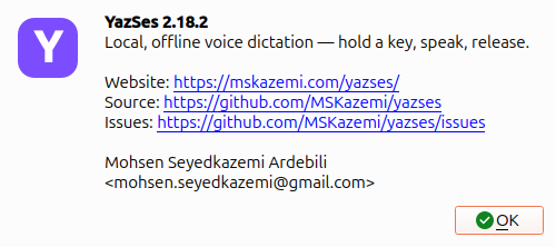 The About YazSes dialog showing the version, the tagline and clickable Website, Source and Issues links