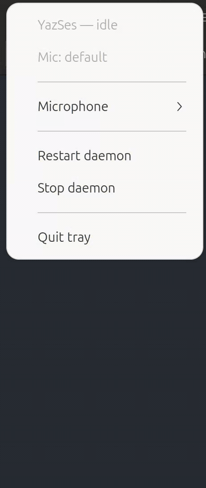 The tray menu being used: opened, Microphone submenu expanded and collapsed, then the daemon controls