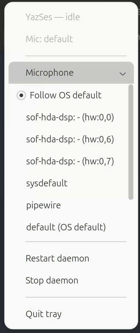The Microphone submenu expanded, listing each input device with the active one marked