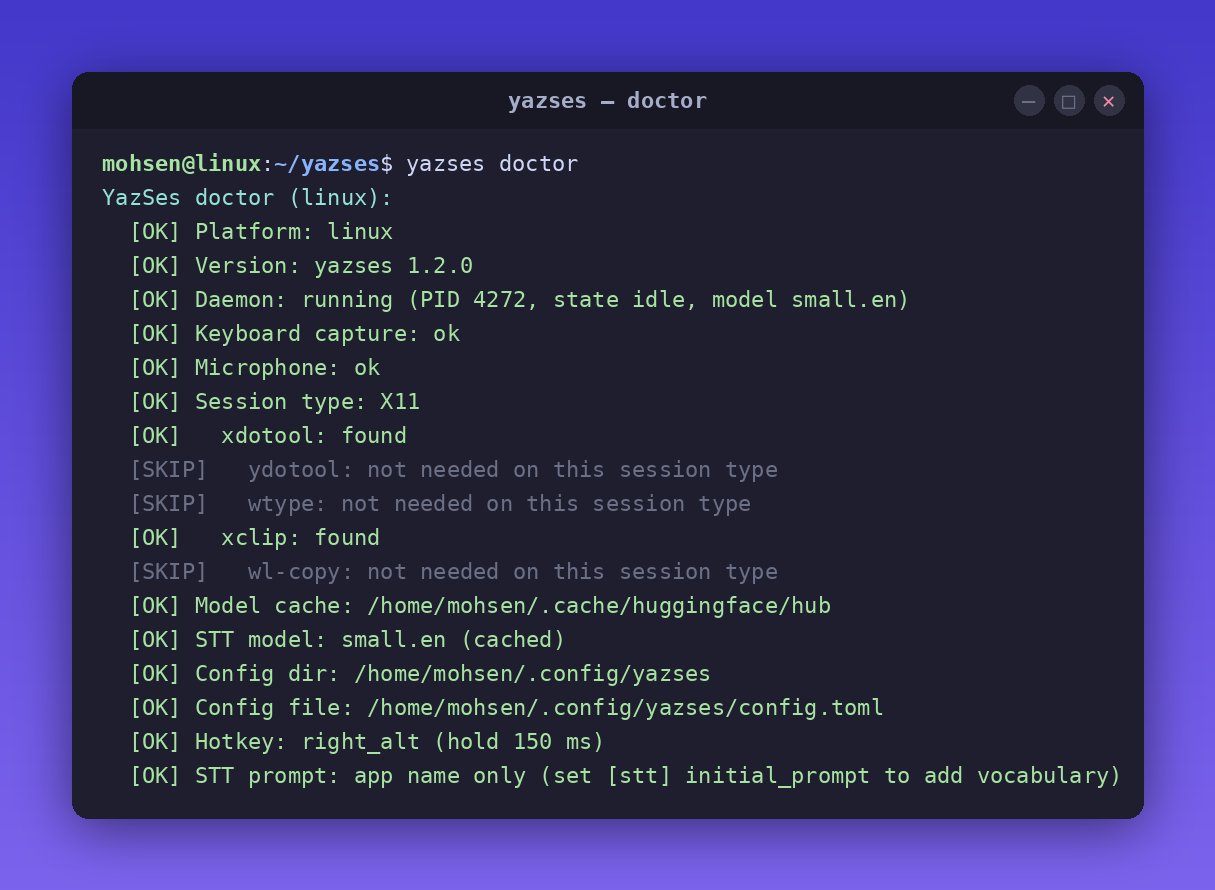 yazses doctor — all green, fully offline